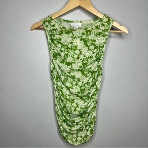Topshop Green Floral Ruched Sheer Mesh See Trough Blouse Shirt Top Size 8-10